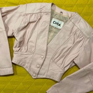 CHIA Baby Pink Cropped Leather Jacket